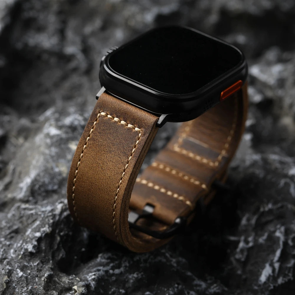 Cinturino per orologio in vera pelle fatto a mano per Apple, in pelle di cavallo Elin vintage, cinturino ispessito, 49mm, 45mm, 44mm, 42mm, S8, S7