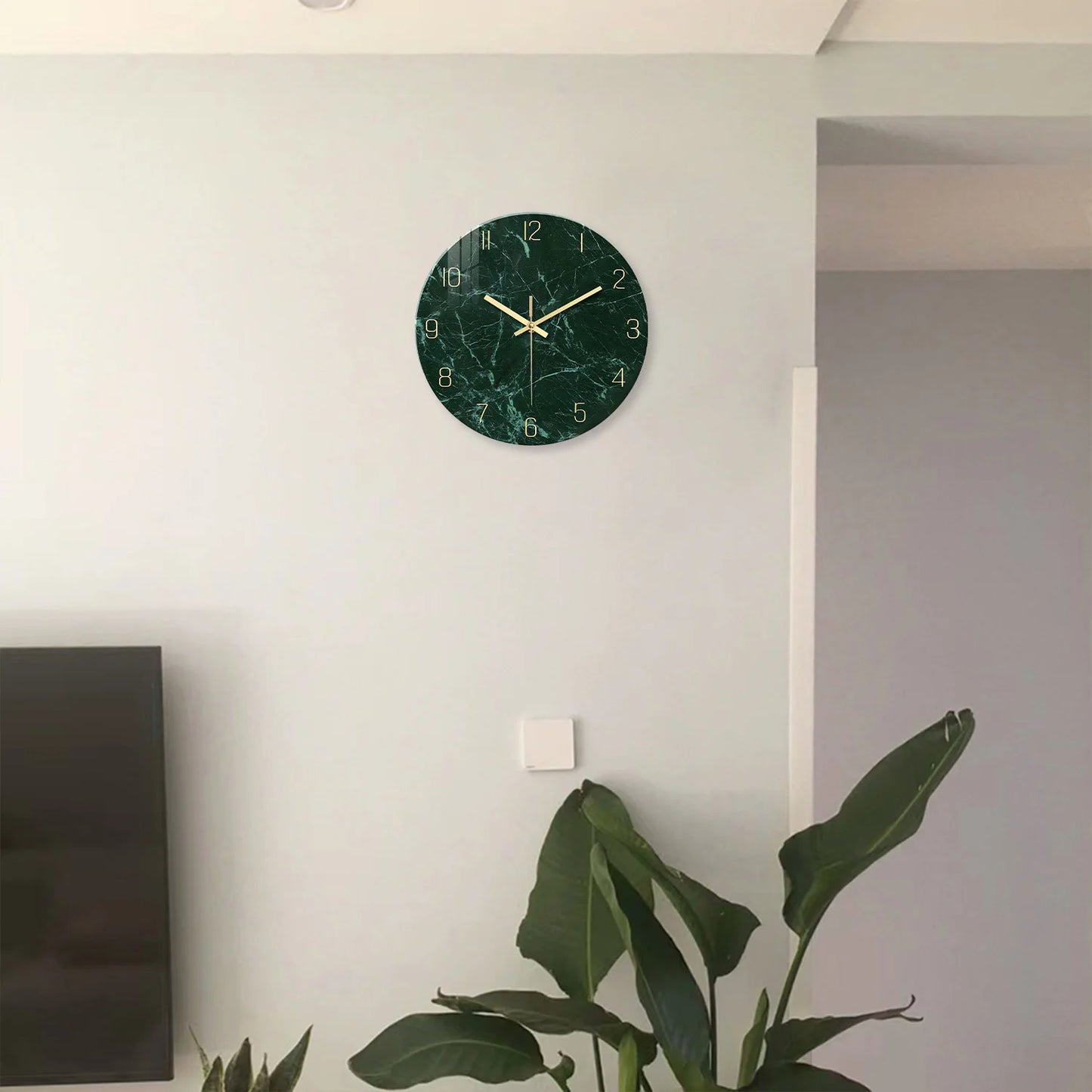 Orologio da parete personalizzato con motivo a texture effetto marmo verde scuro in vetro temperato per soggiorno, camera da letto, cucina, decorazione per la casa, orologio al quarzo silenzioso, regalo per le feste, 12 pollici, 14 pollici, 16 pollici