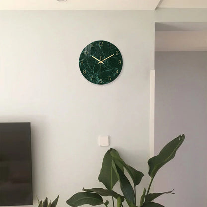 Orologio da parete personalizzato con motivo a texture effetto marmo verde scuro in vetro temperato per soggiorno, camera da letto, cucina, decorazione per la casa, orologio al quarzo silenzioso, regalo per le feste, 12 pollici, 14 pollici, 16 pollici