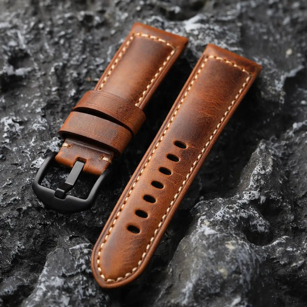 Cinturino per orologio da uomo fatto a mano in pelle bovina, strato superiore, beige, vintage, 20mm, 22mm, 24mm, struttura in bronzo morbido e ispessito
