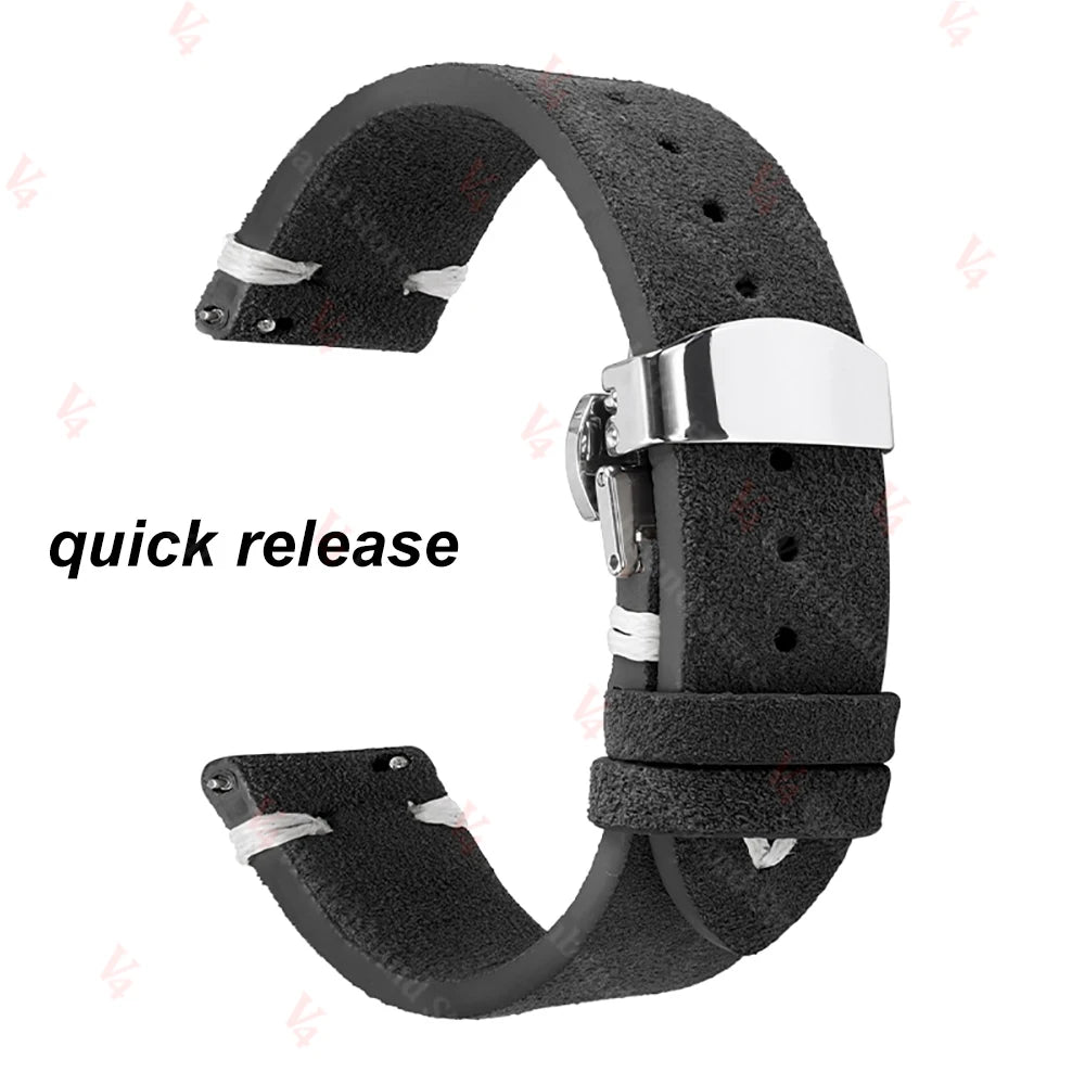 柔らかいスエード製時計ベルト、18mm/20mm/22mm、Huawei GT2/3・Seiko・Omegaヴィンテージ用、クイックリリース、フォールディングバックル