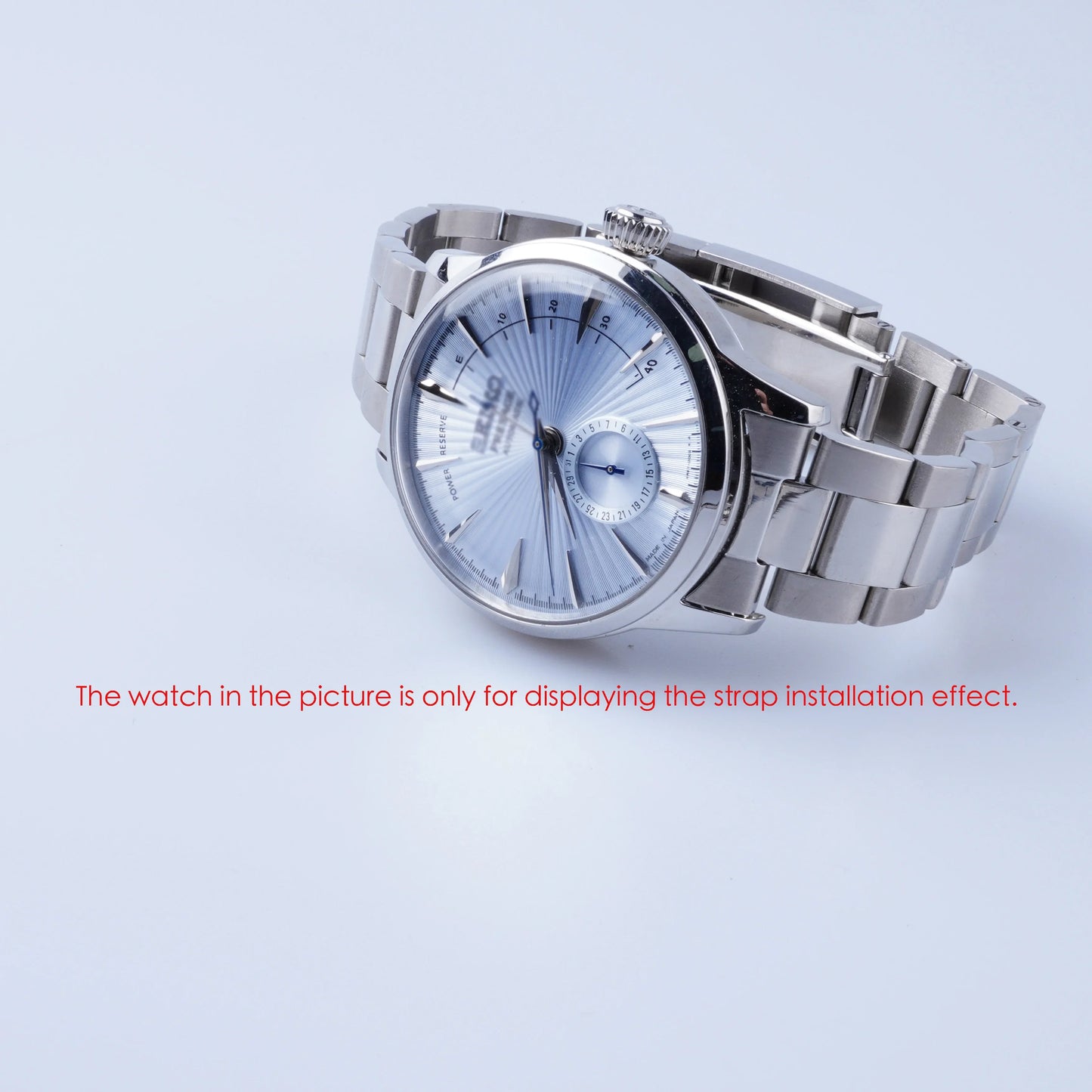 Cinturino per orologio in acciaio lucidato argento Rolamy 20 mm con fibbia Oyster per Seiko Presage SSA343 Cocktail Time