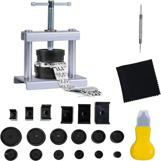 Set di pressa per orologio professionale da 22 pezzi/set, pressa posteriore per orologio per strumento di chiusura e stampi di montaggio, kit di strumenti di riparazione orologi per orologiaio