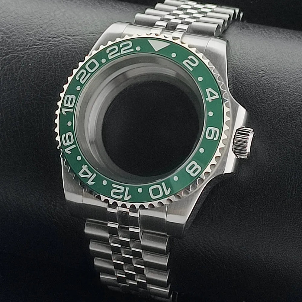 Nouveau 40.5mm GMT fit NH-34 boîtier en argent lunette peut tourner dans les deux directions saphir boîtier de montre étanche pièces de montre accessoires