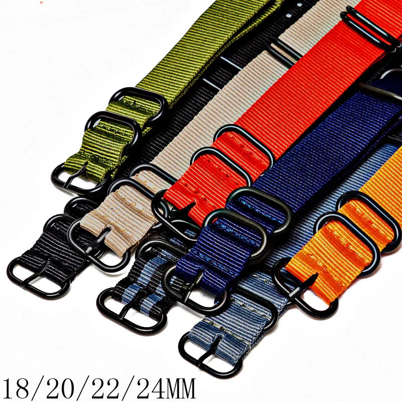 Bracelet de montre multicolore en Nylon noir, boucle d'anneau 18mm 20mm 22mm 24mm rayé étanche, accessoires de montre de remplacement pour hommes et femmes
