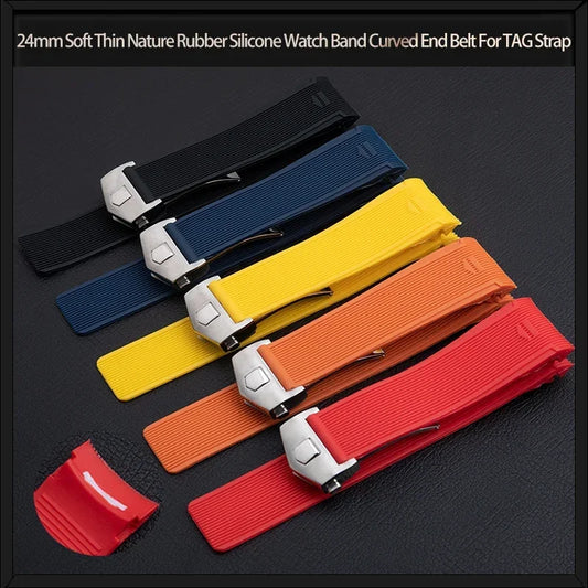 Cinturino per orologio in gomma naturale morbida e sottile da 24 mm con estremità ricurva, per bracciale TAG, per bracciale HEUER Grand Carrera Aquaracer