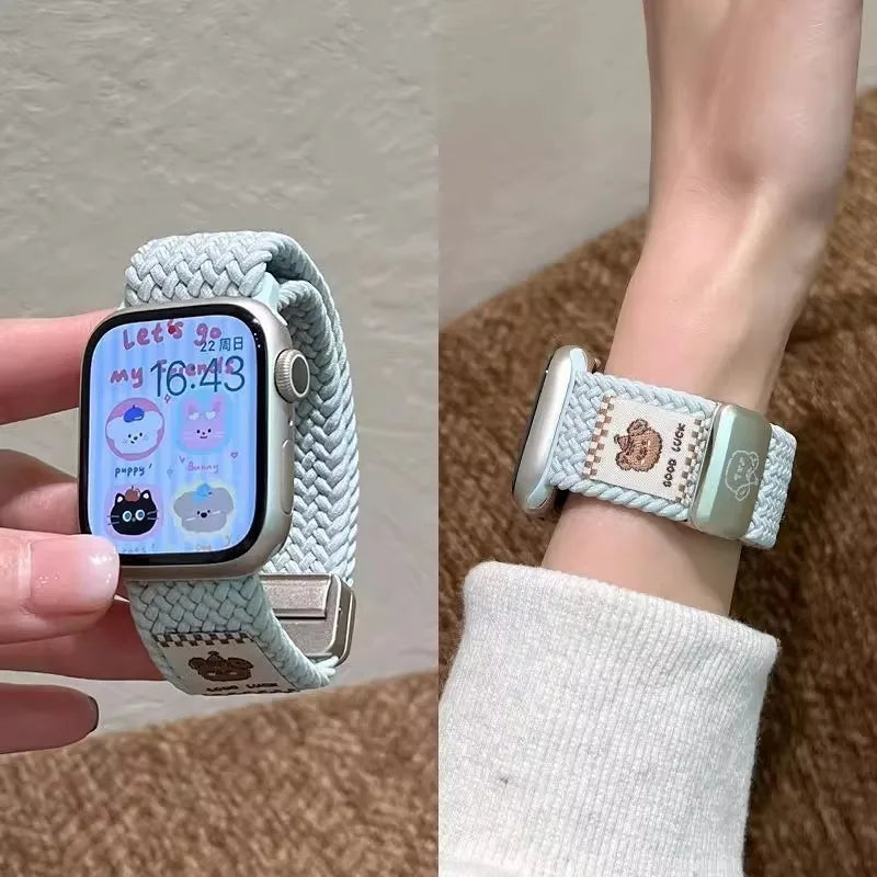 Bracelet en nylon tressé Music Dog avec boucle magnétique pour Apple Watch 42 46 40mm 45mm 41mm 44mm 49mm iWatch 7 4 3 5 6 8 9 10 Ultra