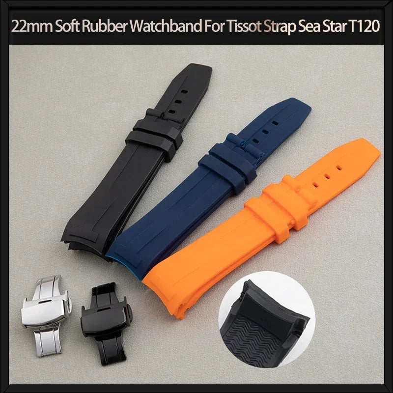 Cinturino per orologio in gomma morbida da 22 mm, per Tissot Sea Star T120, cinturino in silicone curvo, impermeabile, per immersione, fibbia a farfalla T120417A