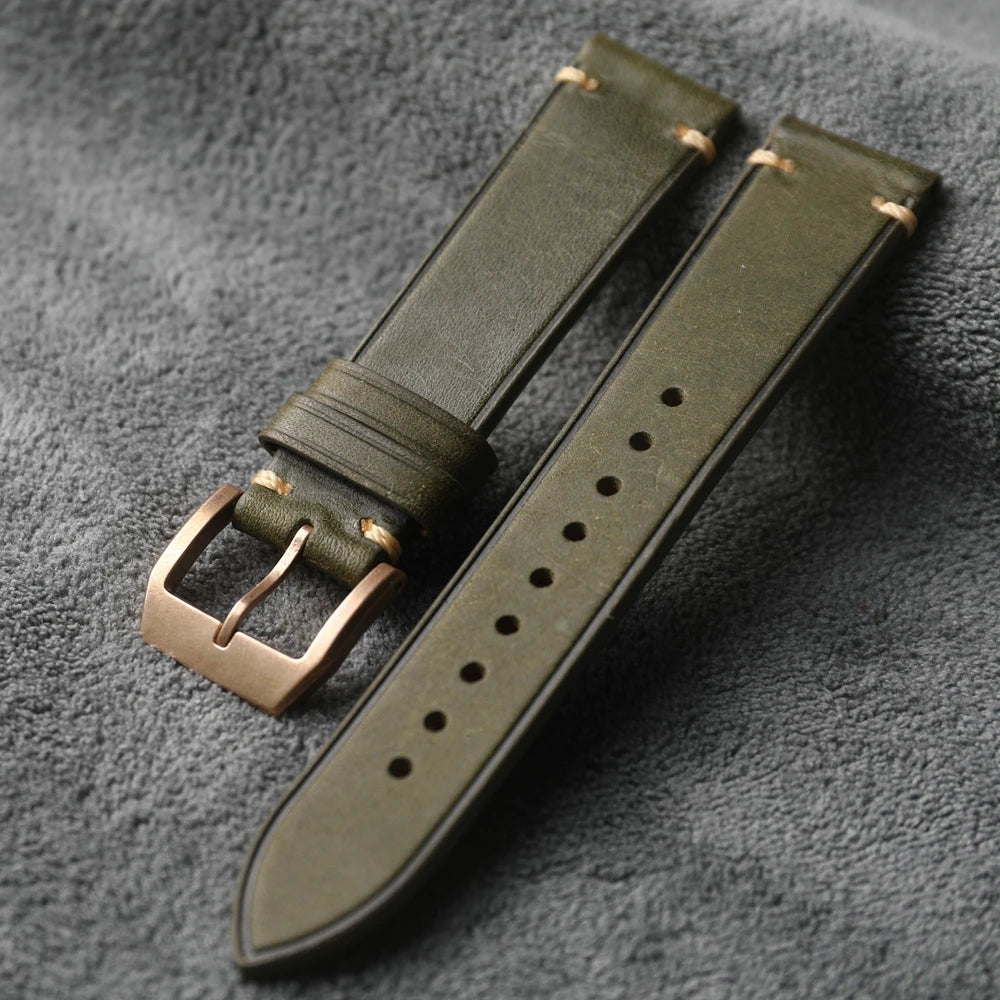Bracelet en cuir de vache fait à la main, 20MM 21MM marron vert noir Style Vintage, montre en Bronze, boucle en Bronze