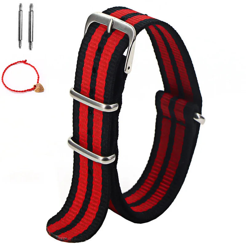 Bracelet de montre à rayures de remplacement pour hommes et femmes, en Nylon, avec boucle ardillon argentée, 16MM 18MM 20MM 22MM, bracelet à dégagement rapide