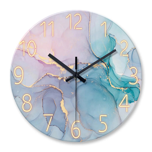 Orologio da parete moderno con motivo effetto marmo, vetro temperato spesso 4 mm, ideale per soggiorno, camera da letto, cucina, arredamento casa, orologio al quarzo silenzioso, regalo per le vacanze, 12 pollici, 14 pollici, 16 pollici.