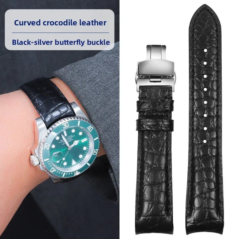 Bracelet de montre incurvé en peau de Crocodile, 20mm 22mm, pour Rolex Omega Tissot IWC Seiko, Bracelet en cuir véritable souple pour hommes