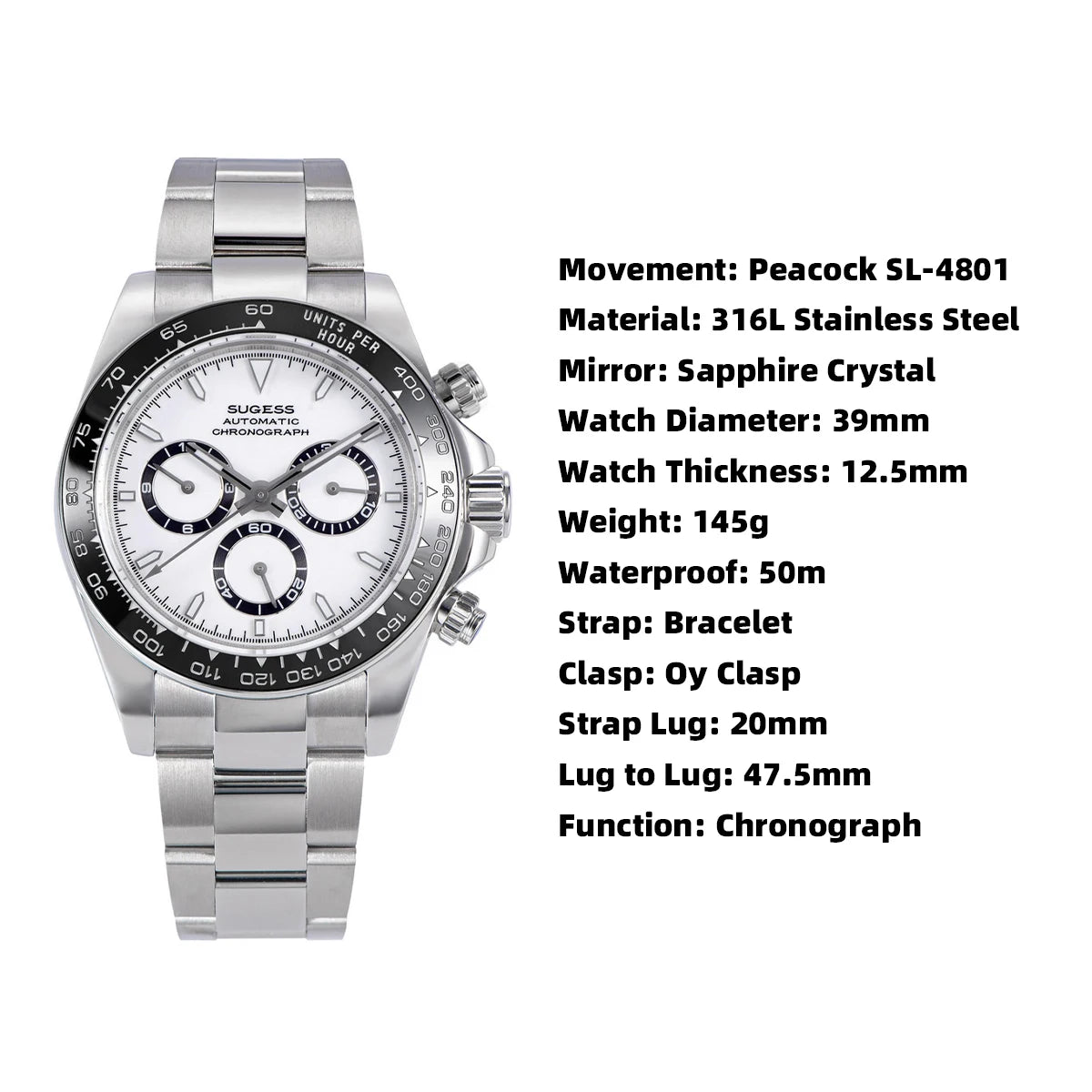 Reloj Sugess Panda para hombre - Cronógrafo / Automático