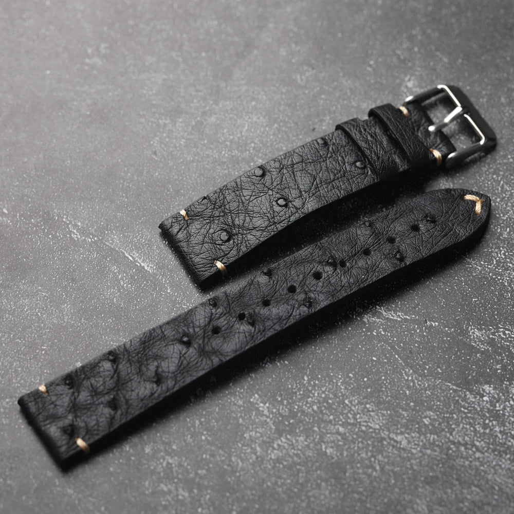 Cinturino per orologio in pelle di struzzo ultra sottile fatto a mano 18 19 20 21 22 MM Bracciale morbido nero da uomo Cinturino in pelle stile vintage