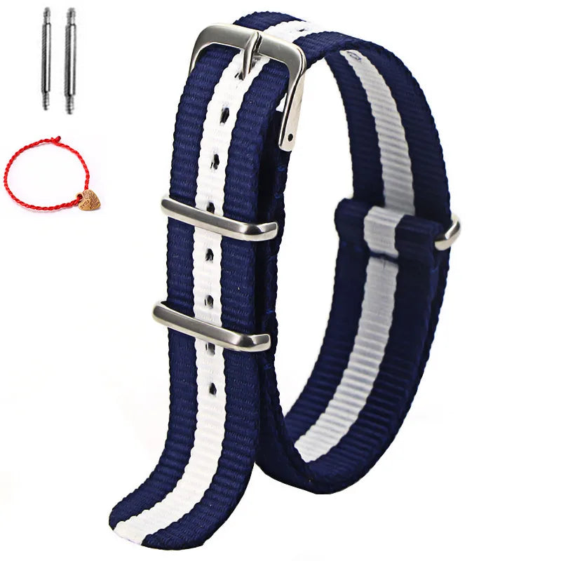 Bracelet de montre à rayures de remplacement pour hommes et femmes, en Nylon, avec boucle ardillon argentée, 16MM 18MM 20MM 22MM, bracelet à dégagement rapide
