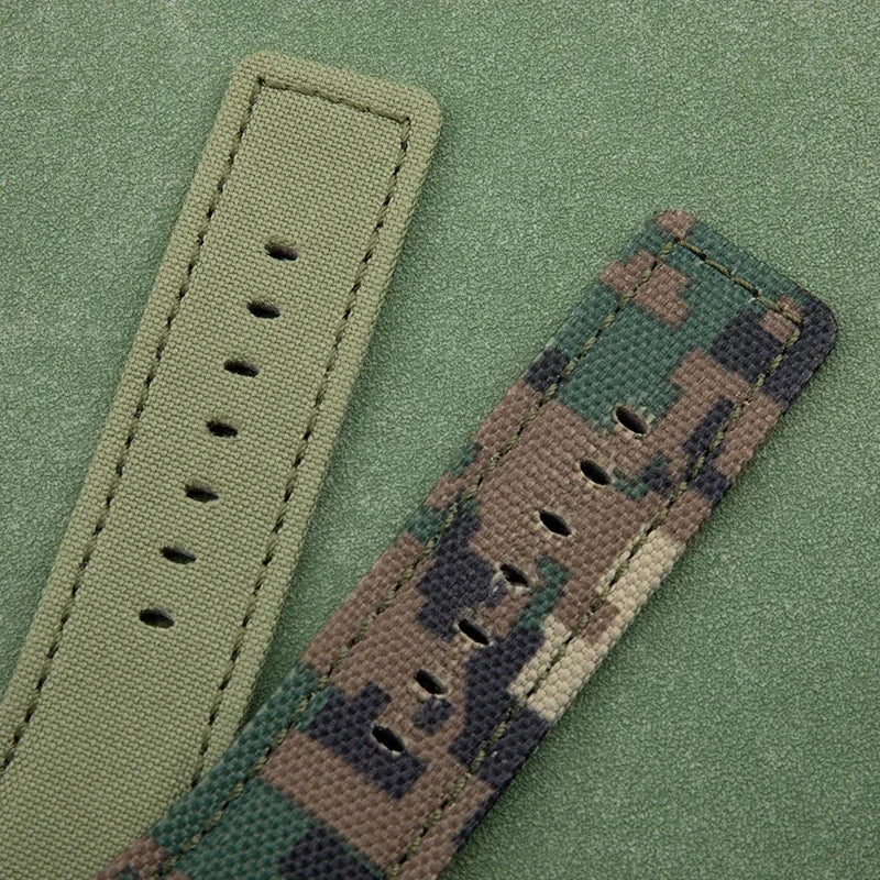 Soft Nylon Canvas Watch Strap, Green Camouflage, 34x24mm, for Bell Bracelet, Suitable for BR01 BR03 Ross, Convex End Pin Buckle