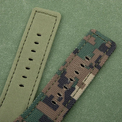 Soft Nylon Canvas Watch Strap, Green Camouflage, 34x24mm, for Bell Bracelet, Suitable for BR01 BR03 Ross, Convex End Pin Buckle