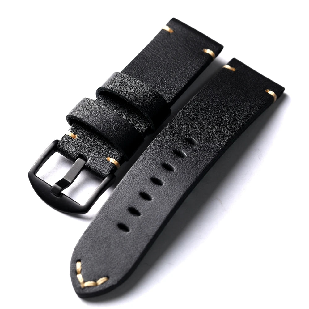Handmade Cowhide Leather Watch Strap, Top Layer, 20 22 24 26MM, Black, Soft, Foldable, No Sandwich, Flexible