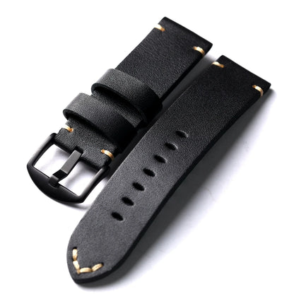 Handmade Cowhide Leather Watch Strap, Top Layer, 20 22 24 26MM, Black, Soft, Foldable, No Sandwich, Flexible