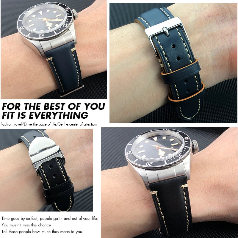 Cinturino per orologio in pelle bovina con estremità curve in metallo da 22 mm a sgancio rapido per Tudor 41 mm Black Bay GMT Vintage, cinturino per orologio fatto a mano da uomo