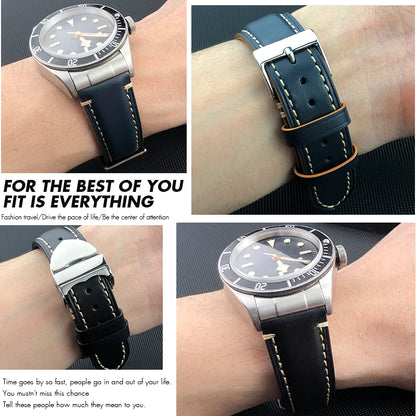 Cinturino per orologio in pelle bovina con estremità curve in metallo da 22 mm a sgancio rapido per Tudor 41 mm Black Bay GMT Vintage, cinturino per orologio fatto a mano da uomo