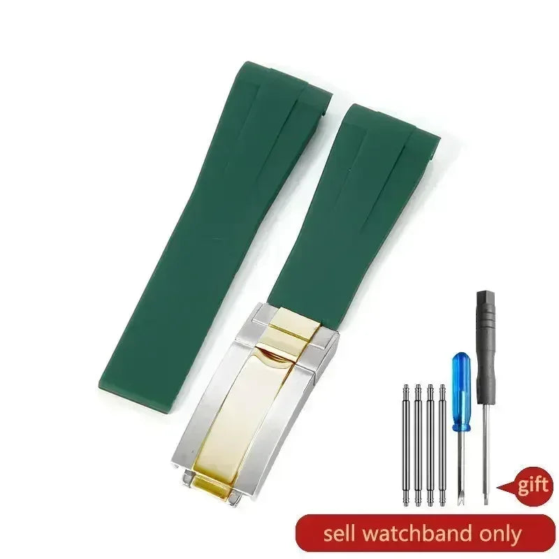 High-quality silicone watch strap in colorful styles (black, green, red, blue, white), with a curved interface for Rolex Datejust Submariner straps.