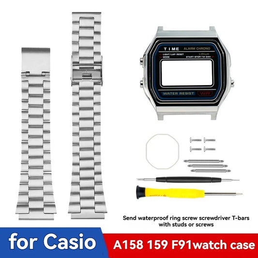 Kit cassa e bracciale in acciaio inossidabile per Casio F91W/A158/A159 – Cinturino di ricambio personalizzato e strumenti inclusi (argento/nero/oro)