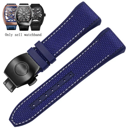 Bracelet de montre pliable en nylon et cuir véritable, bracelet de montre en silicone, noir, bleu, haute qualité, compatible avec Franck Muller, série V45, 28mm
