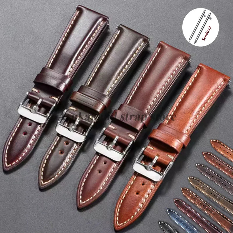 18mm 19mm 20mm 21mm 22mm Universal Vintage Oil Wax Leather Watch Straps Brown Top Coat Watch Strap Men's Accessories Tang Buckle