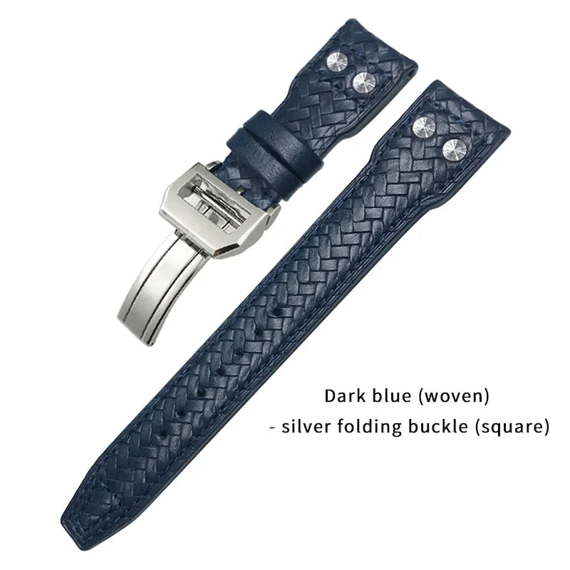 Cinturino per orologio in pelle di vacchetta intrecciata, 22mm 21mm, adatto per orologi IWC Big Pilot TOP GUN IW3777 IW5007, cinturino rivettato in morbida pelle blu