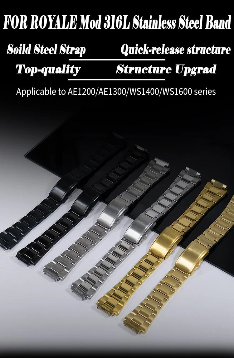 Bracelet de montre solide en acier inoxydable 316L, pour montre Casio AE1200WH, modèle Royale, poli et brossé, bracelet en métal AE1200