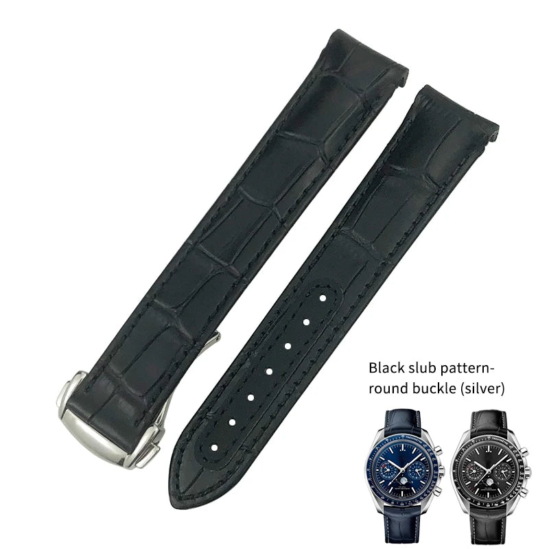 Bracelet de montre en cuir véritable à extrémité incurvée pour Omega Speedmaster Seam84AT150, déploiement struc19 mm 20mm 21mm, noir, bleu
