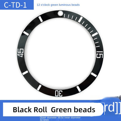 Ceramic watch bezel, 39.5x32.6mm, for Tudor Black Bay, inclined bezel, fitted scale, 12-hour, green luminous pearl, accessories