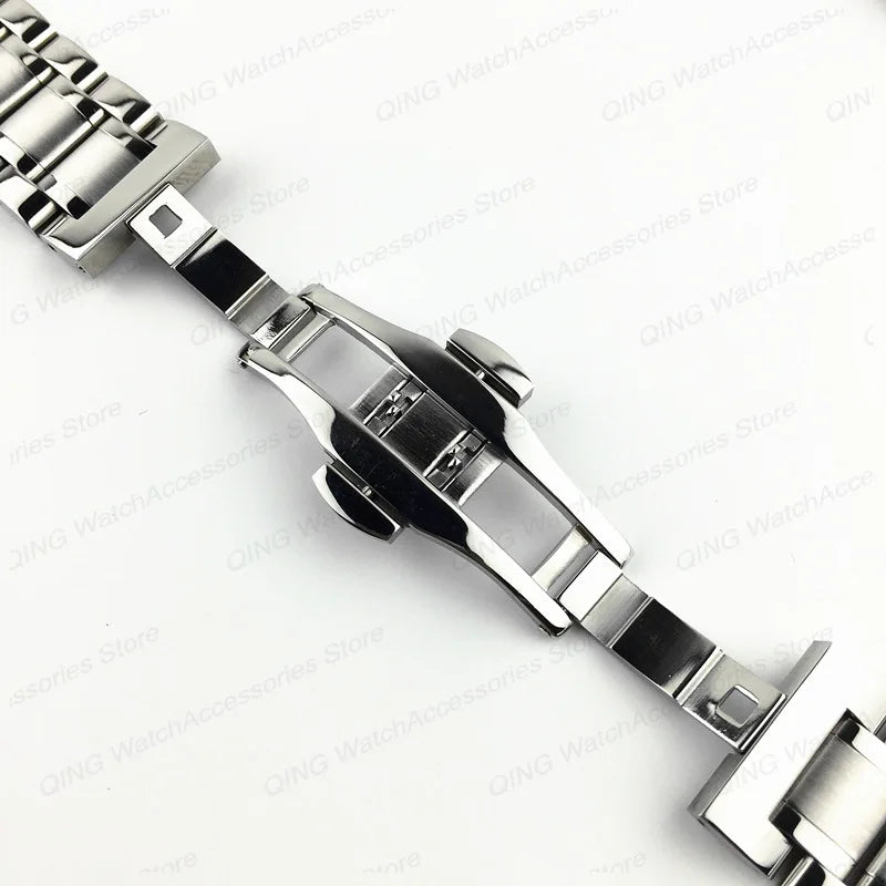 Solid stainless steel watch band with flat, arc-shaped end for Tissot butterfly clasp bracelets, sizes 12, 13, 14, 15, 16, 17, 18, 19, 20, 21, 22, 23, 24mm, universal