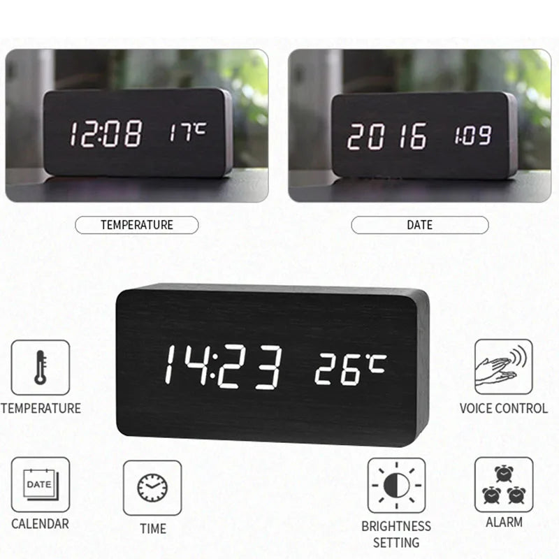 Réveil numérique en bois, réveil LED avec température, horloges de bureau pour bureau, horloge de chevet