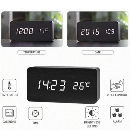 Réveil numérique en bois, réveil LED avec température, horloges de bureau pour bureau, horloge de chevet
