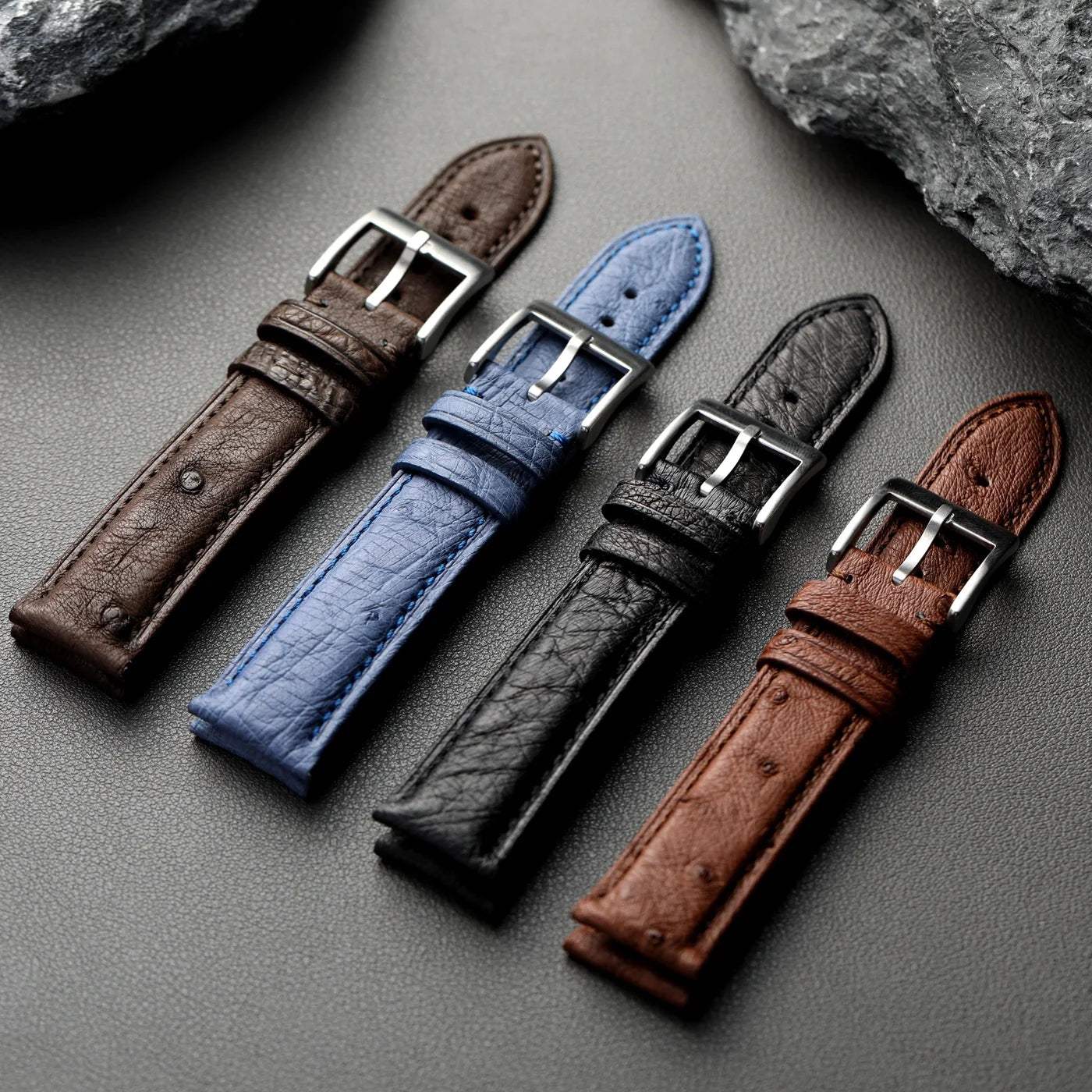 Cinturino in pelle di struzzo fatto a mano, 18 19 20 21 22MM, nero, blu, marrone, pelle morbida, stile retrò, cinturino per orologio da uomo