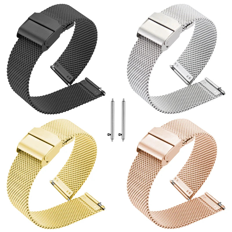 Bracelet de montre milanais universel en acier inoxydable, bracelet en métal, bracelet noir, bracelet en or rose, 12mm, 14mm, 16mm, 18mm, 20mm, 22mm, 24mm