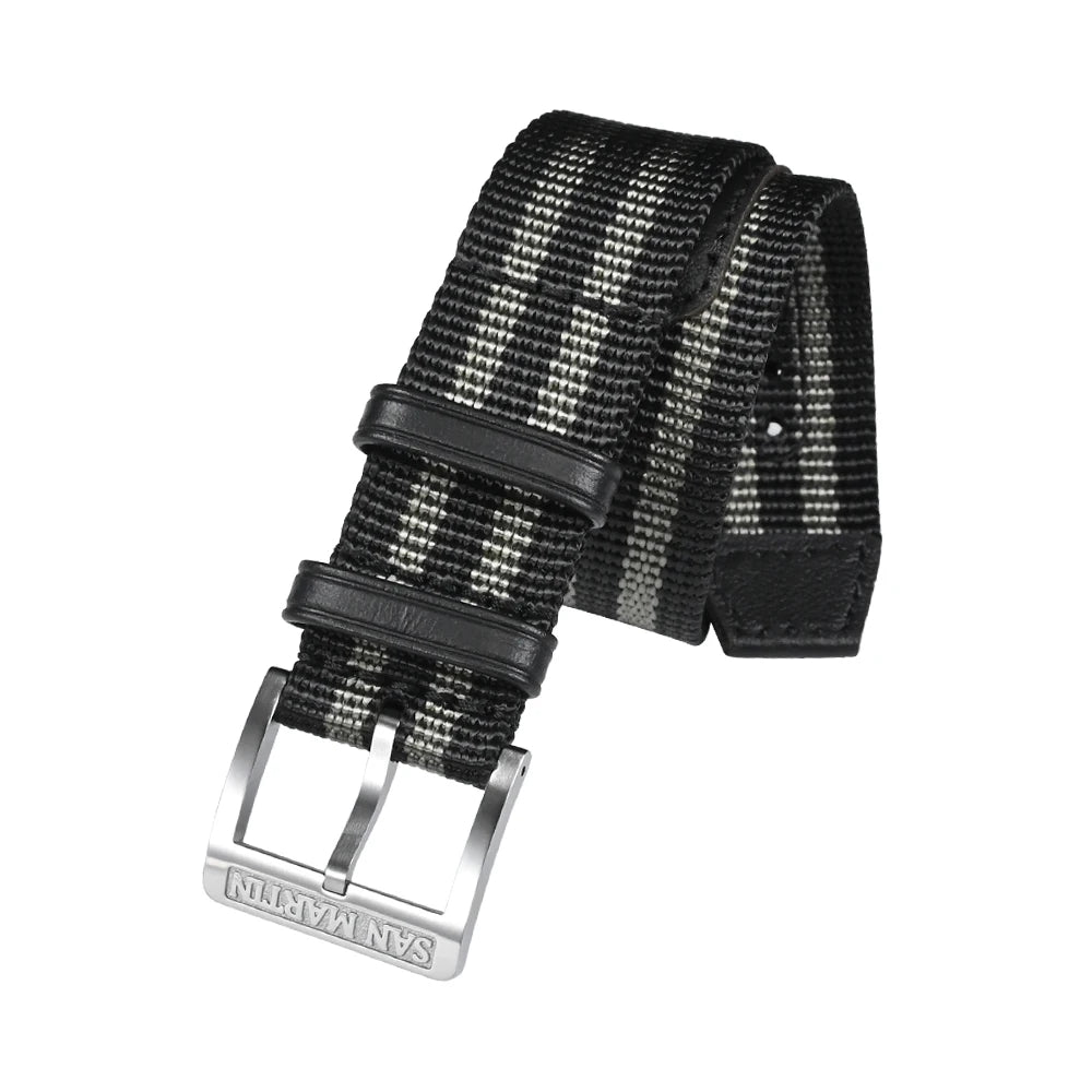 Cinturino per orologio San Martin, pezzo unico, 20 mm, nylon resistente, acciaio inossidabile 316L, fibbia ad ardiglione con logo, fibbia in pelle retrò militare SN0105
