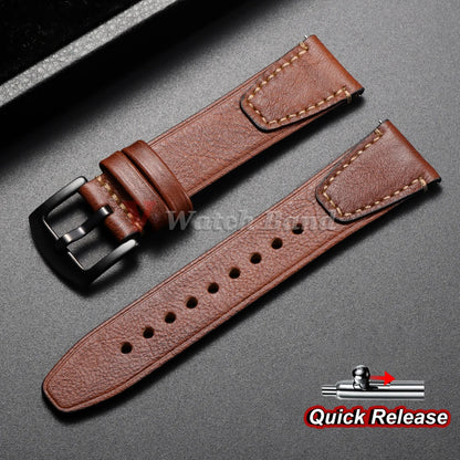 Bracelet de montre en cuir de vache véritable vintage 18mm 20mm 22mm, à dégagement rapide, universel, style rétro, pour femmes et hommes