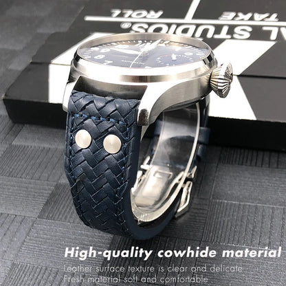 Bracelet de montre tissé en cuir de vachette RiSALE, bracelet de montre bleu, cuir véritable, haute qualité, adapté aux montres IWC Big Pilot's Spitfire, 21mm, 22mm