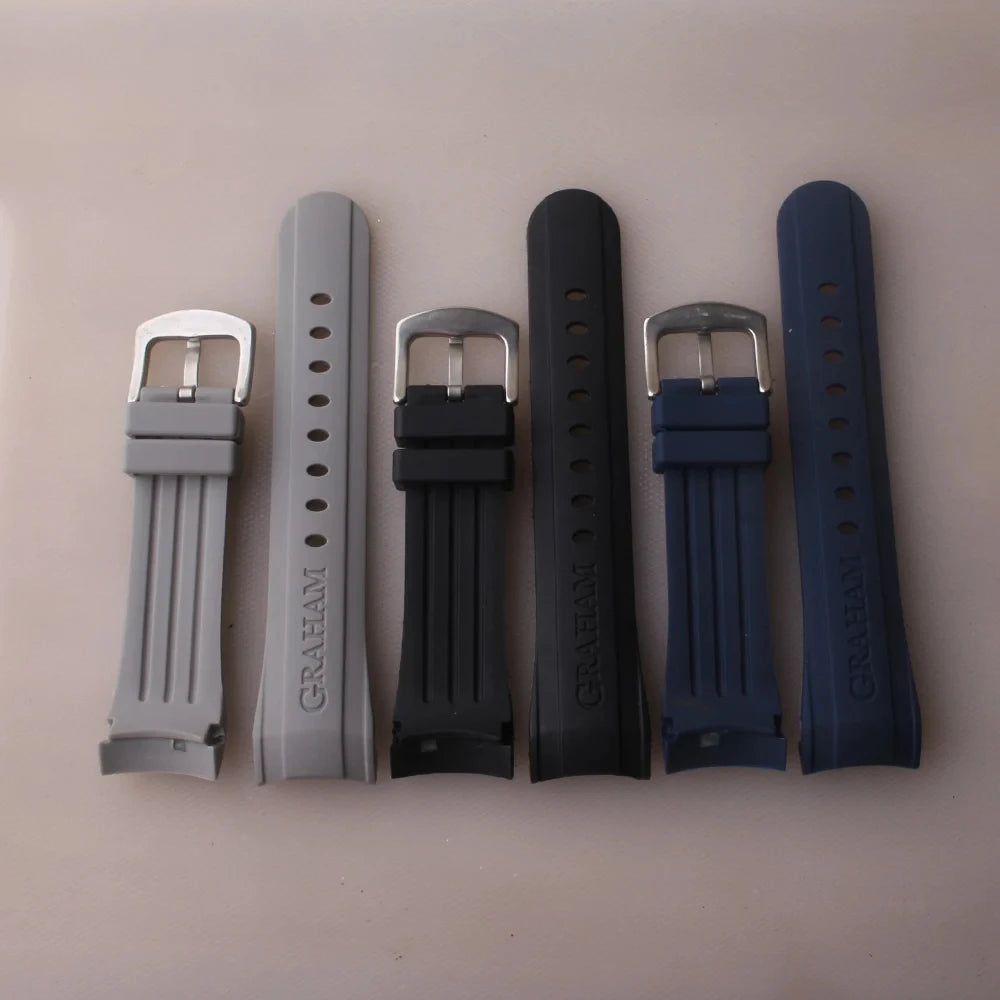 Bracelet de montre en Silicone 24mm pour Bracelet Graham, extrémité incurvée, en caoutchouc, avec boucle en acier inoxydable, noir, bleu, nouveau