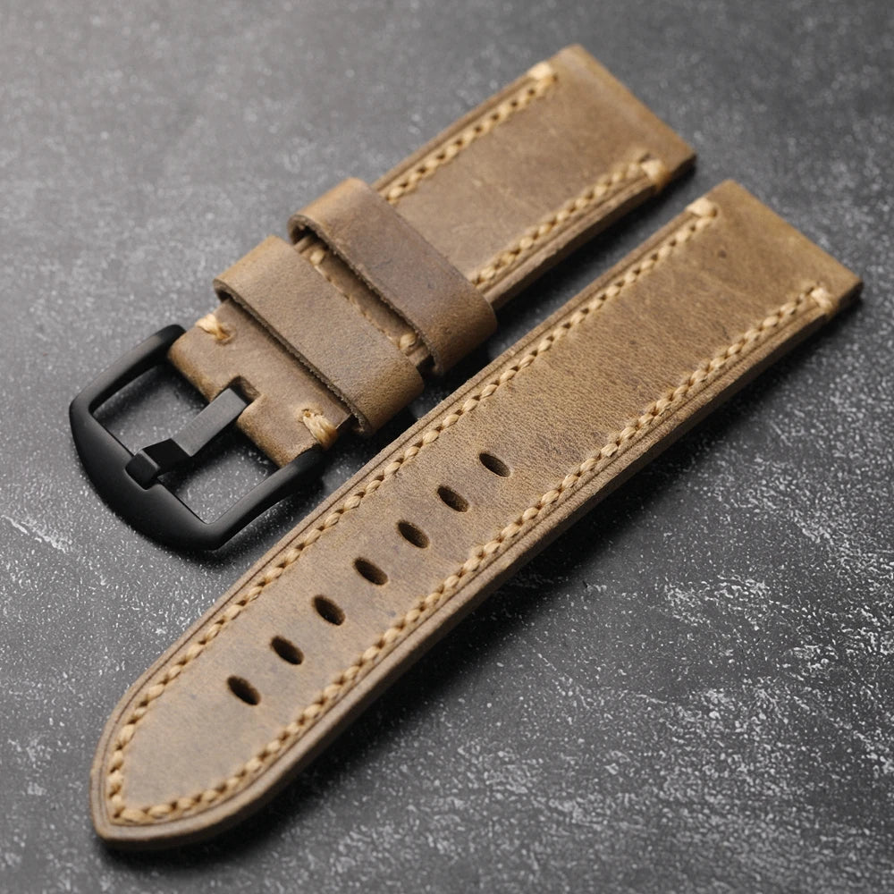 Handmade cowhide leather strap, 20 22 24MM, retro thick style for men, suitable for military watches