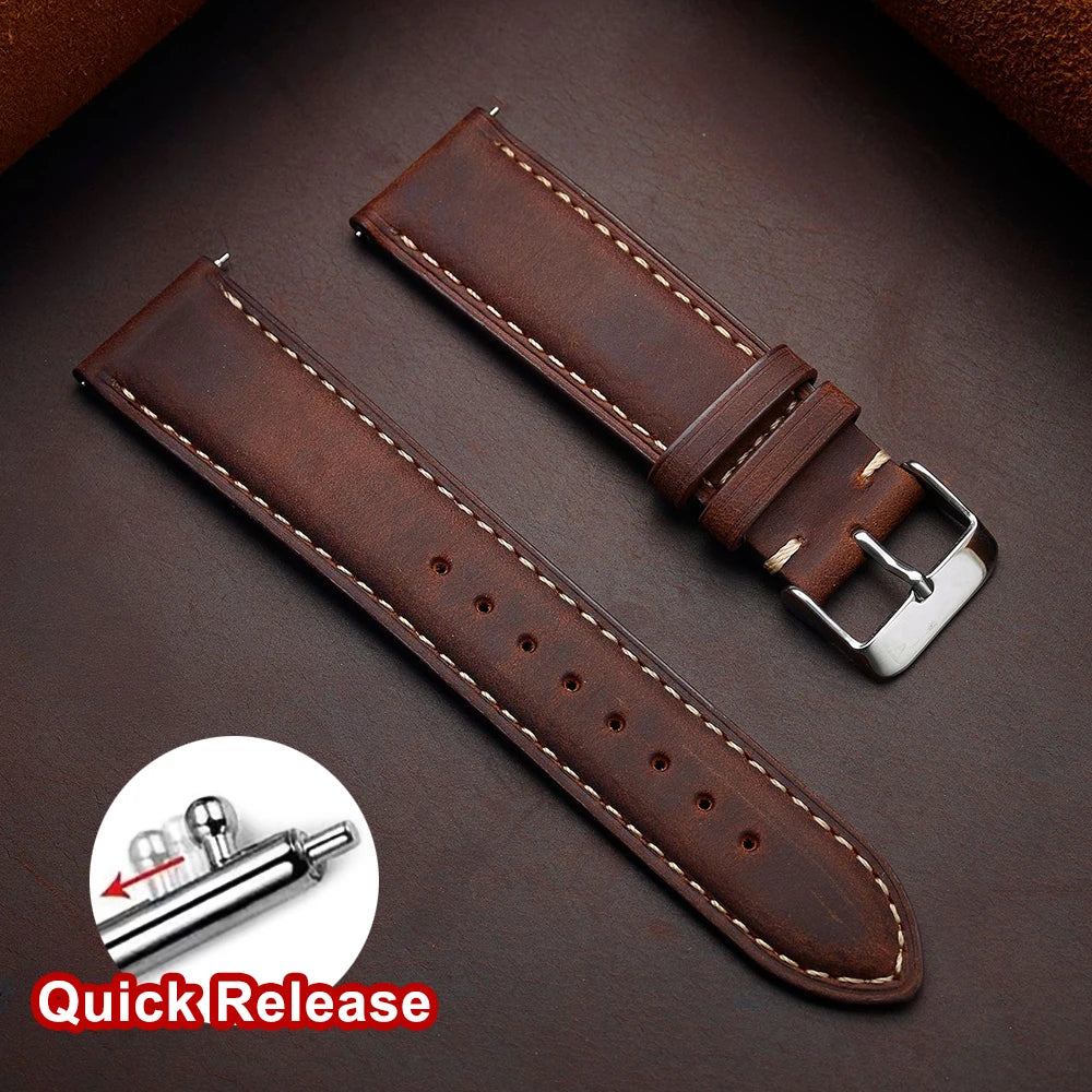 Cowhide Leather Watch Strap, 14mm 16mm 18mm 20mm 22mm 24mm, Retro Dark Brown, Quick Release, for Samsung Galaxy Watch 7/6/5/4 44mm