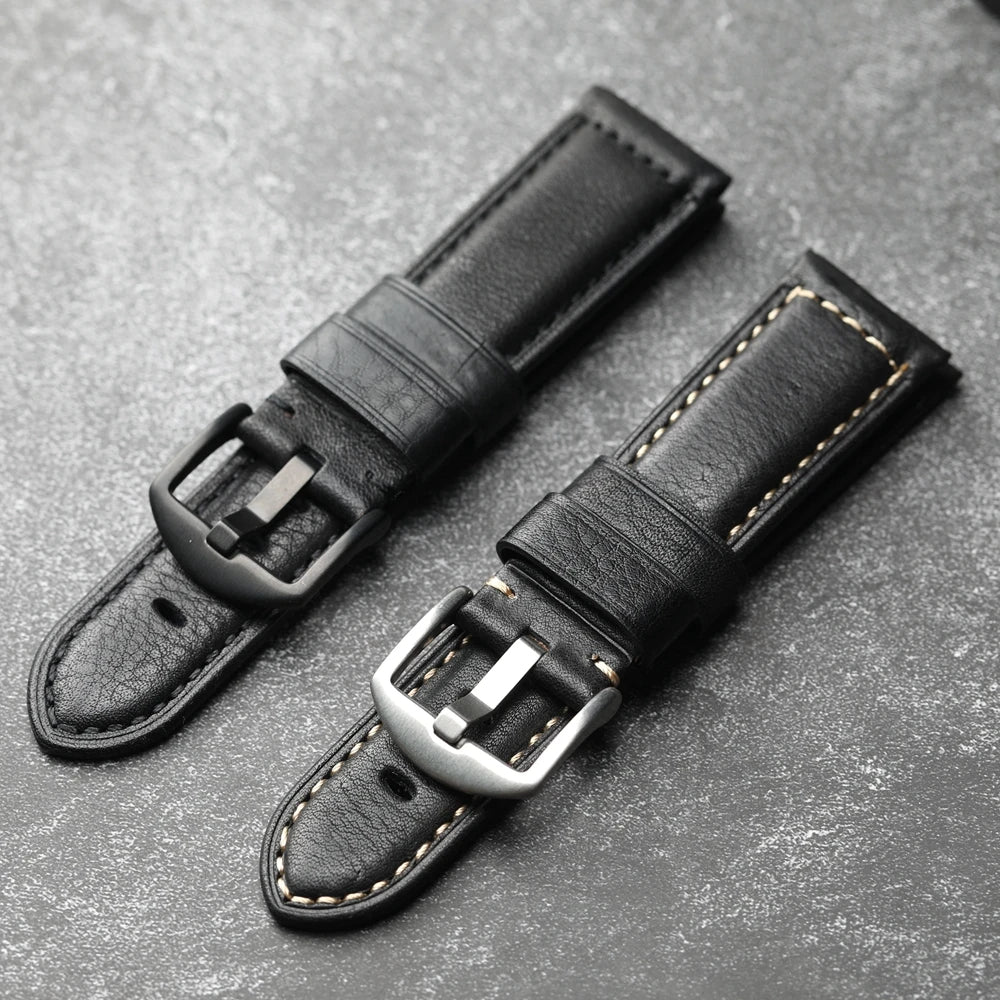 Handmade Leather Watch Strap Black 20 22 24 26MM Head Layer Cowhide Men's Mechanical Watch Band, Retro Style Black Strap