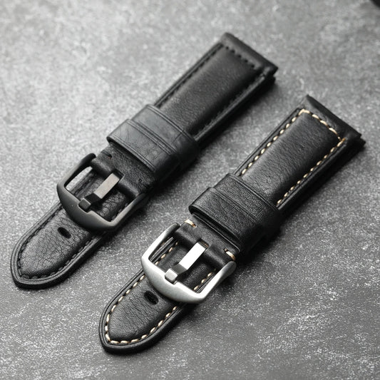 Handmade Leather Watch Strap Black 20 22 24 26MM Head Layer Cowhide Men's Mechanical Watch Band, Retro Style Black Strap