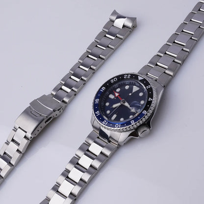 Rolamy 22mm Bracciale per orologio argento con estremità curva, maglie di ricambio, doppia fibbia deployante per Seiko SSK005KC SBSC017 001 003 019
