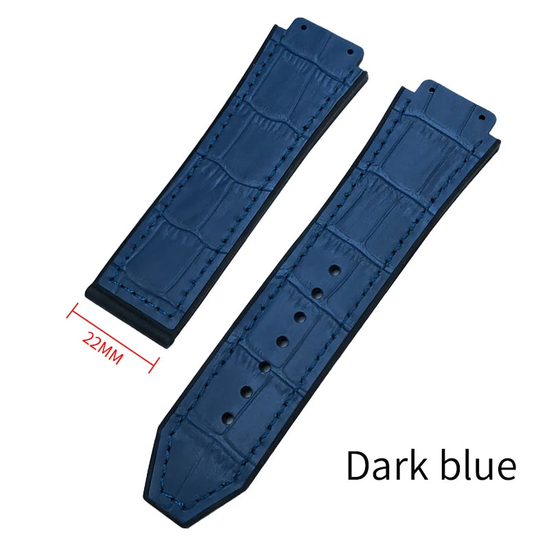 Cinturino per orologio in gomma e pelle bovina 19mm x 26mm per HUBLOT Big Bang colorato nero blu, grana coccodrillo, in pelle bovina, da uomo e donna