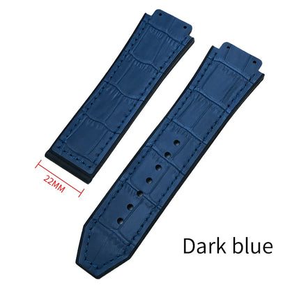 Cinturino per orologio in gomma e pelle bovina 19mm x 26mm per HUBLOT Big Bang colorato nero blu, grana coccodrillo, in pelle bovina, da uomo e donna