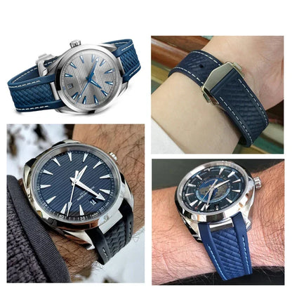 Rubber Watch Strap for Omega AT150 Seamaster 300 AQUA TERRA Dive Watch Straps Black Blue Silicone Watchband 20mm